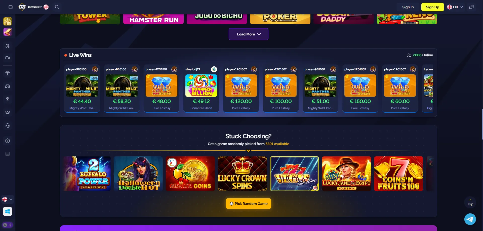 Goldbet Casino slots and live casino games lobby &mdash; top titles 2026